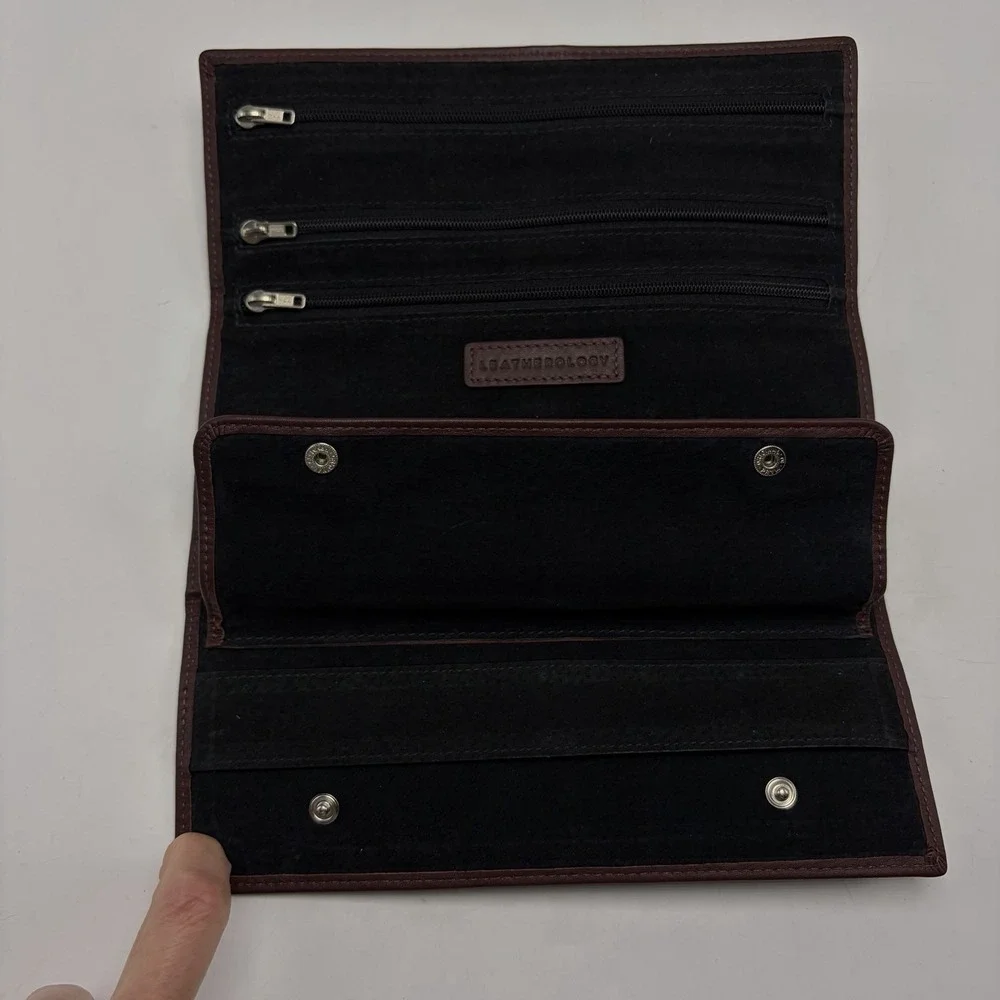 Leatherology Travel Jewelry Roll Tan Leather Burgundy 8.5
